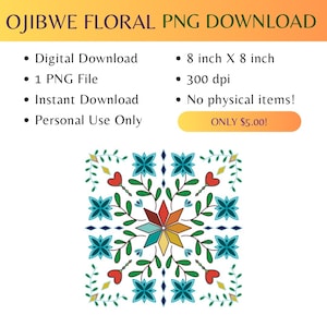 Op de afbeelding: Een digitale download van een 20,32 cm x 20,32 cm grote PNG-bestand met 300 dpi, met een kleurrijk bloemenmotief met een stervorm in het midden. Het ontwerp is geïnspireerd op Ojibwe-kunst.