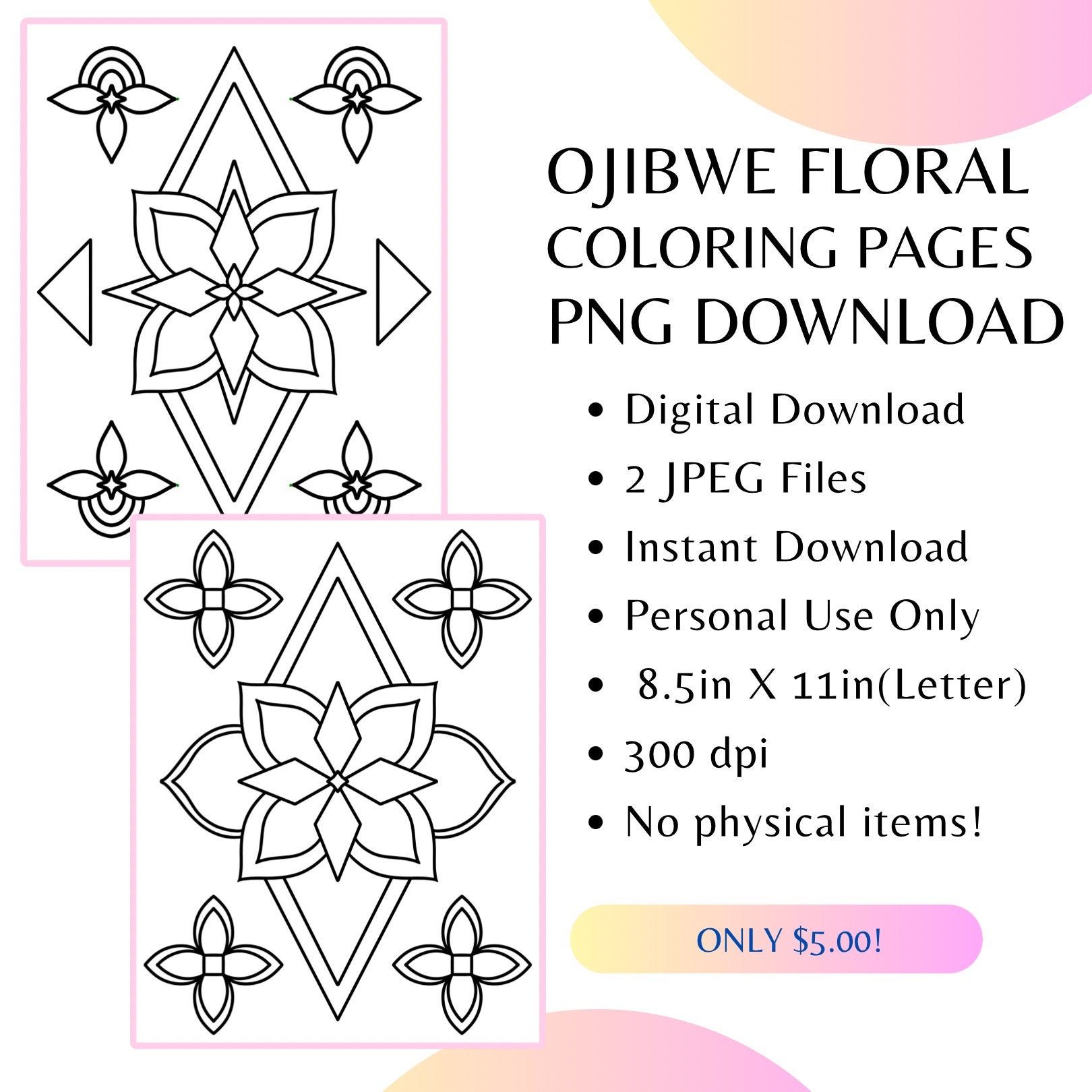 Printable Ojibwe Floral Coloring Pages by Mazinibiidesigns 2 Pages Native Coloring Page Instant Download - Etsy
