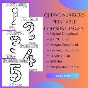 Ojibwe Zahl Malvorlagen Zahlen 1-5 von MazinibiiDesigns 5 Seiten Native Coloring Page Instant Download Ojibwe Sprache