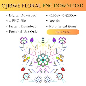 Könnte beinhalten: Ein digitaler Download eines farbenfrohen Blumenmusters im Stil der Ojibwe-Kunst. Das Muster zeigt eine zentrale Blume mit vier Blütenblättern, umgeben von kleineren Blumen und Blättern. Das Muster ist 4200 Pixel mal 4200 Pixel groß und hat eine Auflösung von 300 dpi.