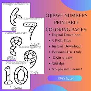 Druckbare Ojibwe Zahl Malvorlagen Zahlen 6-10 von MazinibiiDesigns 5 Seiten Native Malseite Sofort Download Ojibwe Sprache