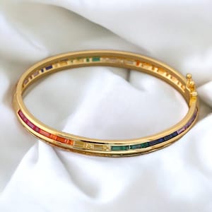 18k Gold sparkle  Rainbow multi diamond hinge bangle bracelet,14k rose gold multicolour rainbow diamond wedding hinge bangle bracelet