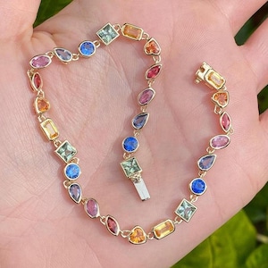 14kgold amazing bezal rainbow gemstone tennis bracelet,14k multicut coloured gemstone  tennis bracelet, 18kmulticut dainty bracelet