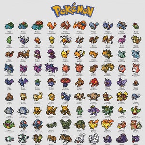 May include: A colourful chart showcasing all 151 original Pokémon characters. Each Pokémon is depicted in a pixelated style with its corresponding number and name. The chart is a great visual guide for fans of the Pokémon franchise.