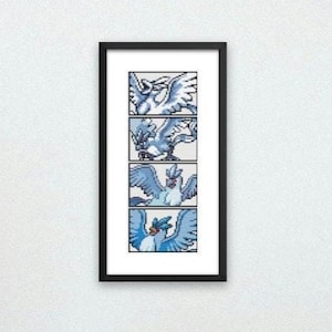 May include: A framed print of a comic strip featuring a blue and white bird character in four different poses. The bird is shown flapping its wings, looking to the side, and in a surprised expression.