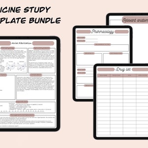 May include: A printable medicine study template bundle with a pink and white color scheme. The bundle includes a page for atrial fibrillation, a page for pharmacology, a page for a drug list, and a page for relevant anatomy.