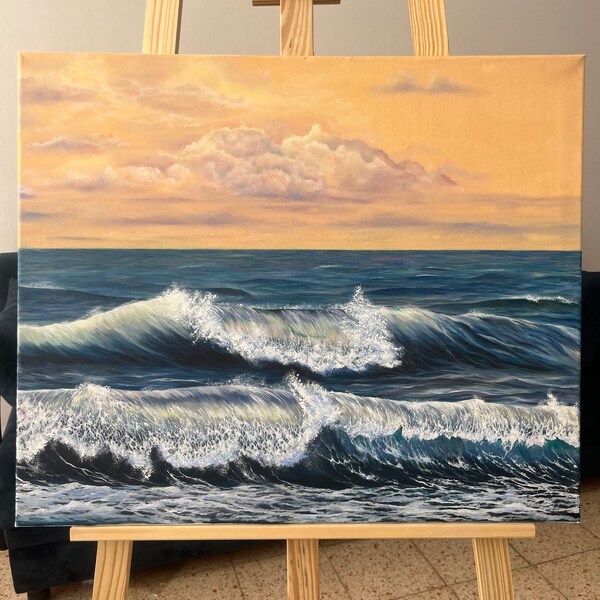 Cozy painting with cream-vanilla sky and denim colored waves. The Stunning Seascape for your interior.