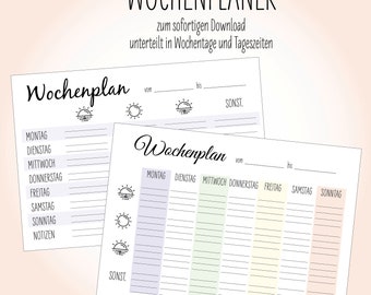 May include: A printable weekly planner template with a simple design. The planner is divided into days of the week and includes space for notes. The text on the planner says "Wochenplaner" which is German for "weekly planner".