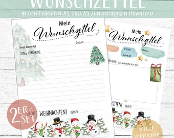 Op de afbeelding: Twee printbare kerst verlanglijstjes met een winterscène met een sneeuwpop en een kerstboom. De tekst op de sjablonen luidt "Mijn verlanglijstje" en bevat ruimte voor de naam van het kind, de leeftijd en de wensen.