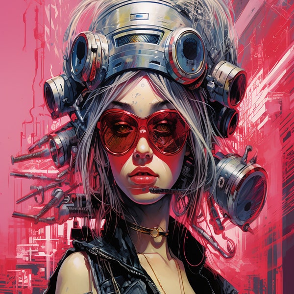 Cyberpunk Rose Colored Glasses Headset Art Design Print Digital Download - Techno, Electro, Punk, Grunge, Hacker, Dystopian, Alt,Alternative