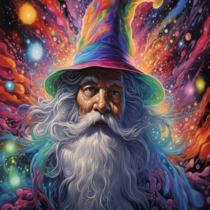 May include: A wizard with a long white beard and a rainbow-colored hat. The background is a swirling nebula of colors.