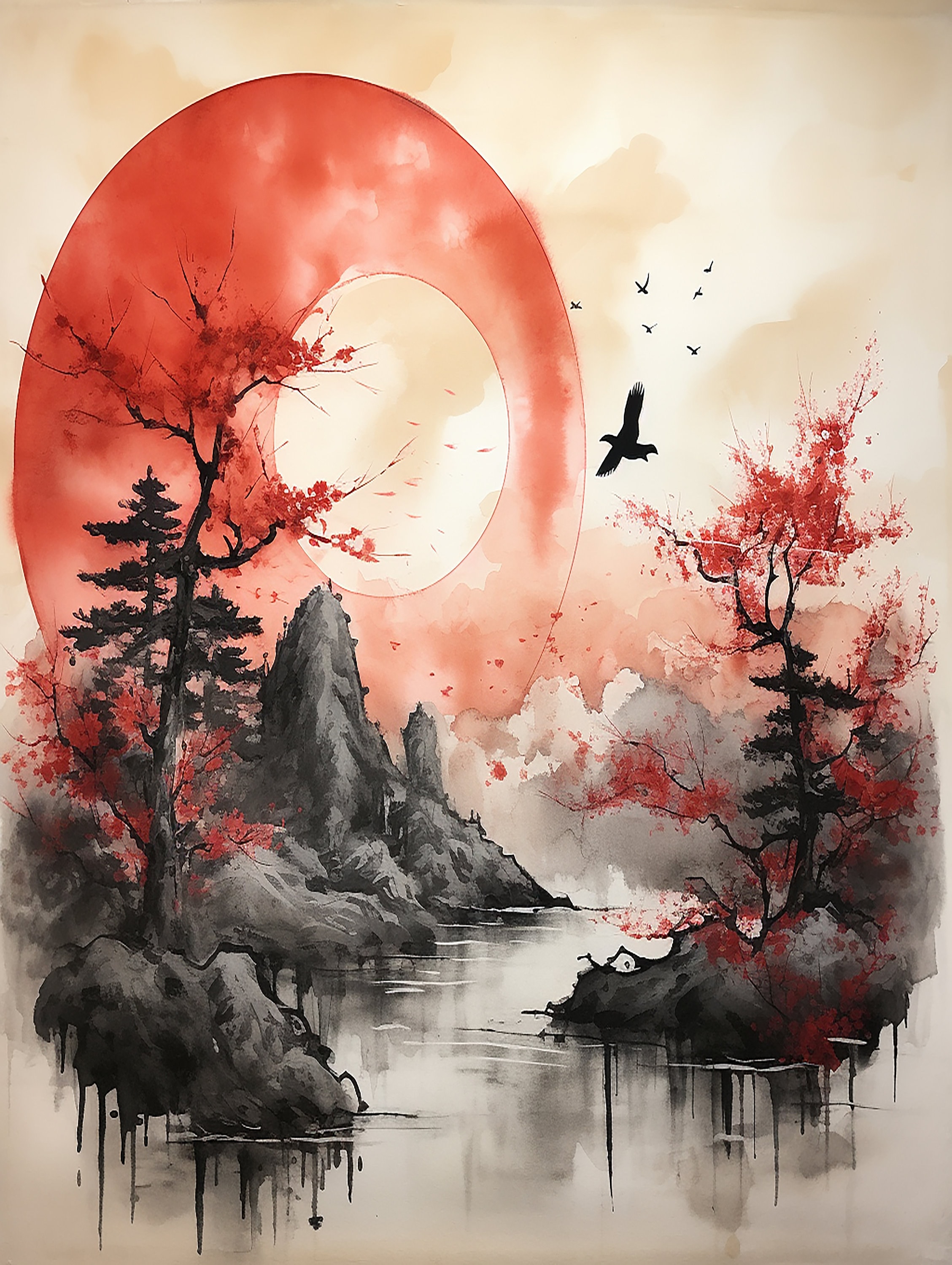 Suibokuga Sumi-e Watercolor Traditional Japanese Chinese Art