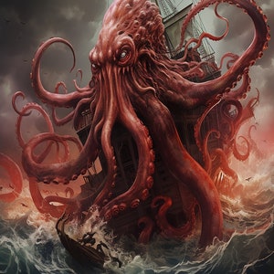 Kraken Tapestry Collection | Art, Octopus, Nautical, Sea Monster, Ocean, Boat, Ship, Waves, Squid, Beast, Cthulhu, Tentacles, Marine, Sea