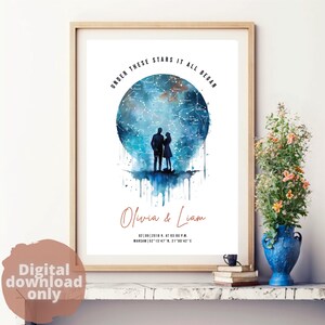 Mapa de estrellas personalizado DIGITAL - Pareja, Variante 06 / Póster del cielo nocturno / Regalo para boda, aniversario, Día de San Valentín / Impresiones de arte para pared.