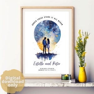 Mapa de estrellas personalizado - PAREJA, Variante 03 / Impresión de cielo nocturno / Constelación / Regalo para aniversario, boda, compromiso, fecha / Impresiones de arte.