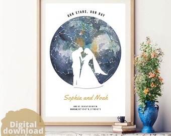 Puede incluir: Impresión artística enmarcada con un diseño de mapa celestial y una silueta de pareja. La impresión incluye el texto "OUR STARS, OUR DAY" y los nombres "Sophia and Noah", junto con una fecha y ubicación. La obra de arte se muestra sobre una superficie blanca.
