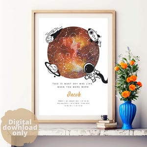 Poster ciel de bébé | Carte des étoiles personnalisée | Impression du ciel nocturne | Cadeau bébé | Carte de la constellation | Cadeau d'anniversaire personnalisé | Baptême d'un garçon