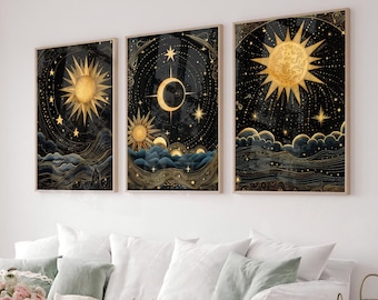 Moon & Sun Tarot Art Print Set: Vintage Celestial Home Decor (Instant Download)
