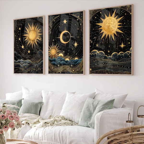 Destiny Moon&Sun Tarot Art Set of 3, Astrology Print, Moon Poster, Sun Poster, Celestial Wall Art, Vintage Home Decor ,  Instant Download,