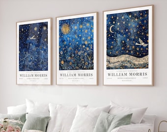 May include: Three framed art prints featuring celestial designs in shades of blue and gold. Each print showcases a different night sky scene with stars, a sun, and a moon. The prints are labeled "William Morris" with text below.