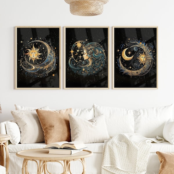Moon&Sun with Goddess Tarot Art Set of 3, Astrology Print, Moon Poster, Sun Poster, Celestial Wall Art, Vintage Home Decor, Instant Download