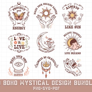9 Boho Mystical Design Bundle PNG, Pakiet motywacyjny, Retro PNG, Spełnij swoje marzenia, Stwórz własną magię, Boho SVG, Natychmiastowe pobieranie