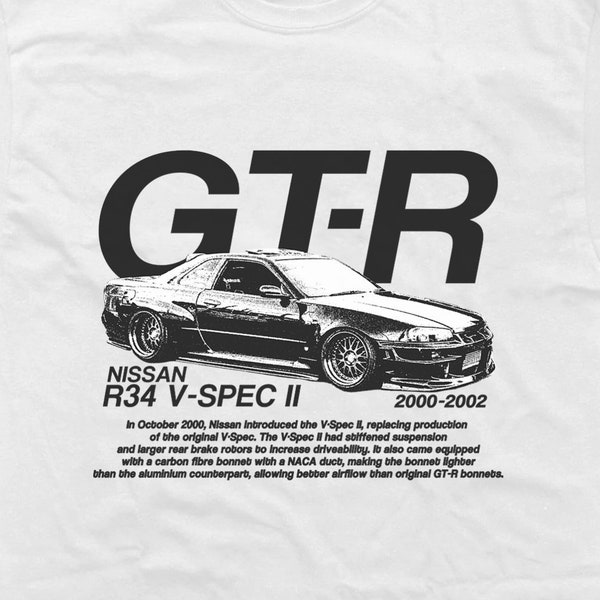 Vintage GTR R34 V-SPEC II Nissan Racing T-Shirt, 90's Racing Streetwear | Heavy Cotton Tee