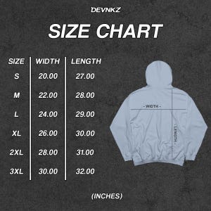 Op de afbeelding: Maattabel voor een hoodie, met breedte- en lengtemaat in inches voor de maten S, M, L, XL, 2XL en 3XL.
