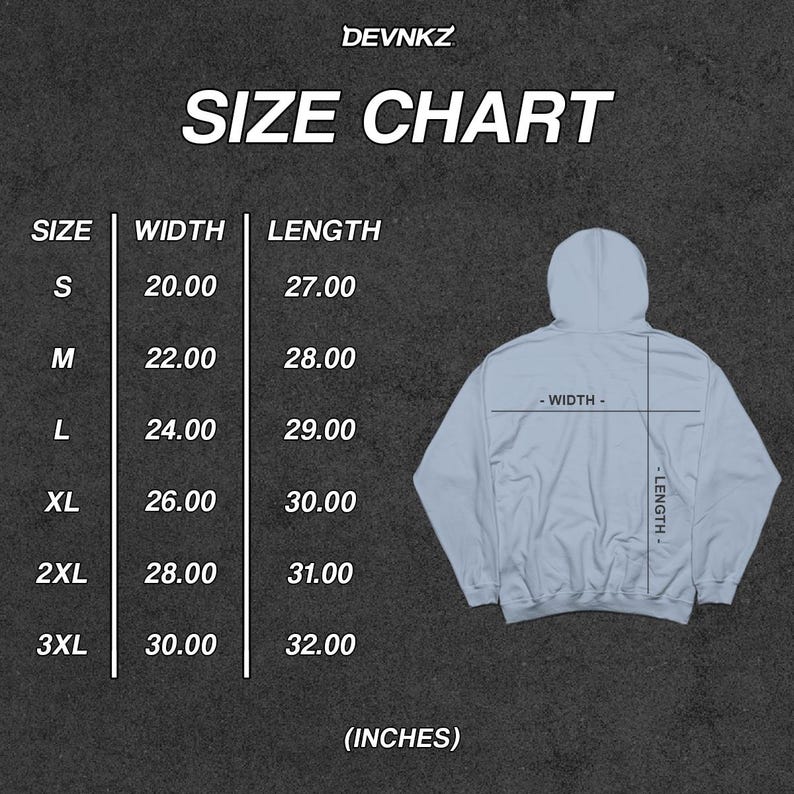 Op de afbeelding: Maattabel voor een hoodie, met breedte- en lengtemaat in inches voor de maten S, M, L, XL, 2XL en 3XL.