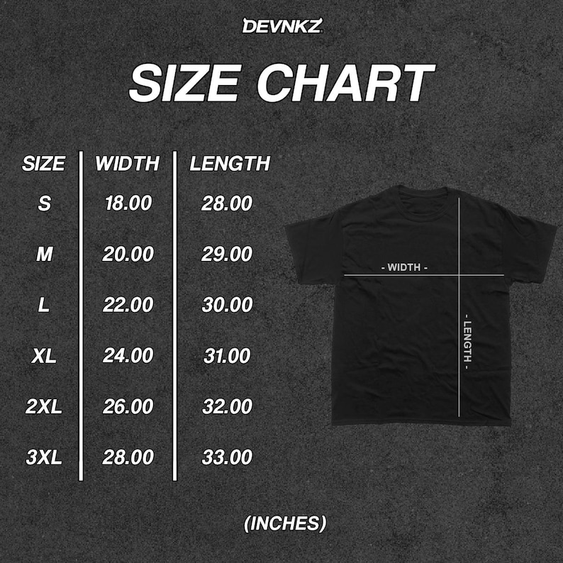May include: Size chart for t-shirts with measurements in inches for width and length. Sizes include S, M, L, XL, 2XL, and 3XL.