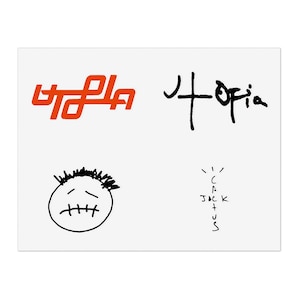 May include: Four black and white stickers on a white background. The stickers include the words "Off-White", "Cactus Jack", and a sad face with a stitched mouth. The fourth sticker is a red and white logo that says "Off-White".