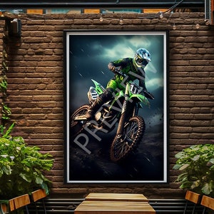 Enduro Poster, Green Theme Moto, Metal Print, Motocross Wall Decor Fabric, Dirt Bike Wall Art, Motorcycle Sport Art, Men Cave Puzzle Magnet