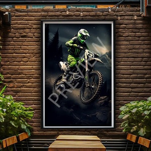Enduro Poster, Green Theme Moto, Metal Print, Motocross Wall Decor Fabric, Dirt Bike Wall Art, Motorcycle Sport Art, Men Cave Puzzle Magnet