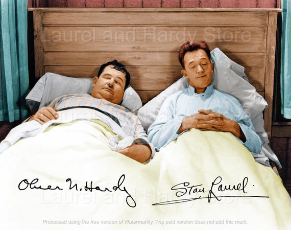 Laurel and Hardy Wall Art Signed Sleeping in Bed They Go Boom