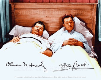 Arte de pared de Laurel y Hardy Firmado Durmiendo en la cama Van Boom Comedia clásica Arte Descargas digitales