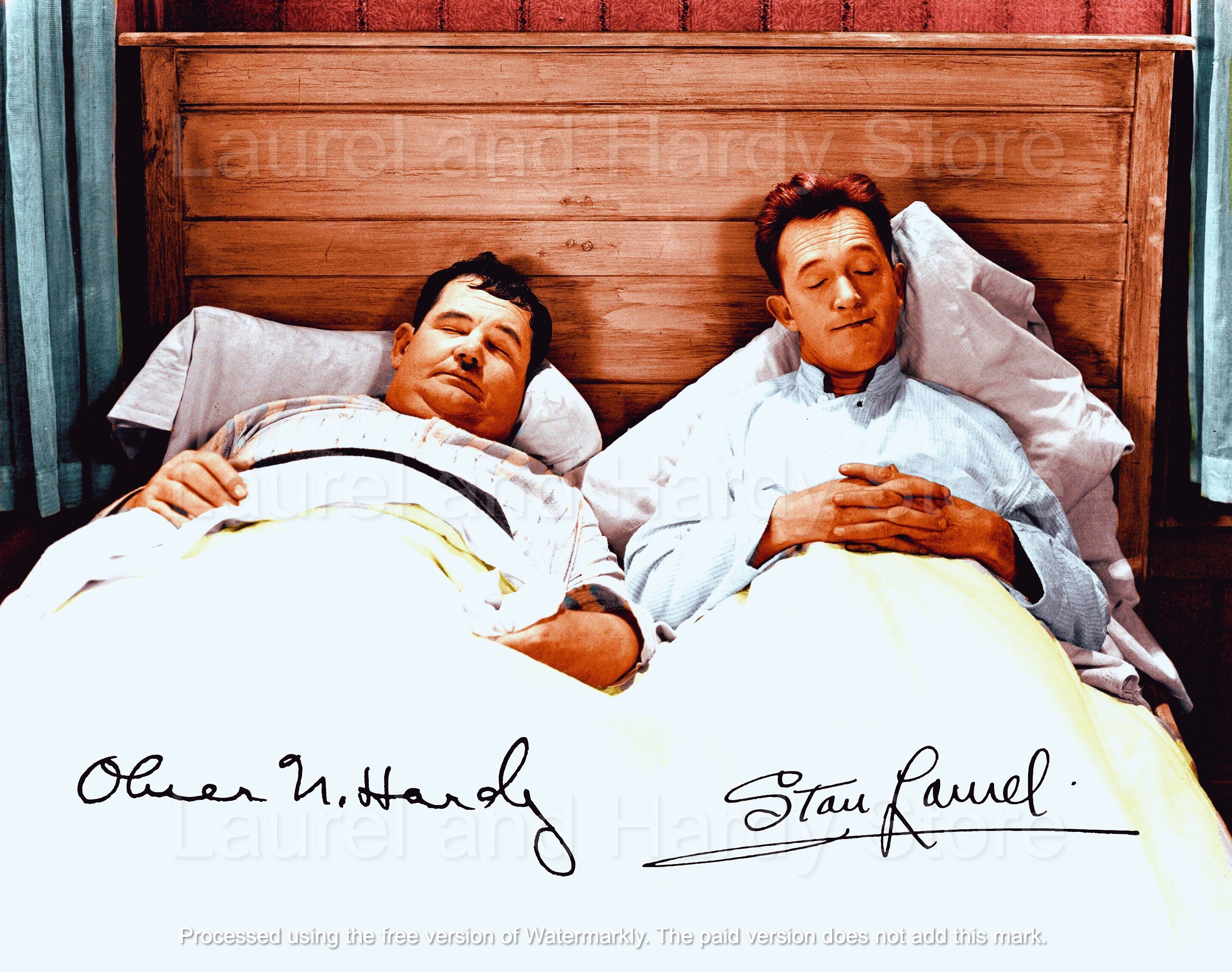 Laurel and Hardy Wall Art Signed Sleeping in Bed They Go Boom
