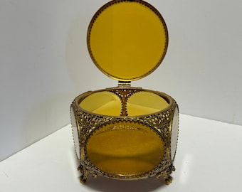 Floral Filigree Amber Tinted Glass Jewelry Box