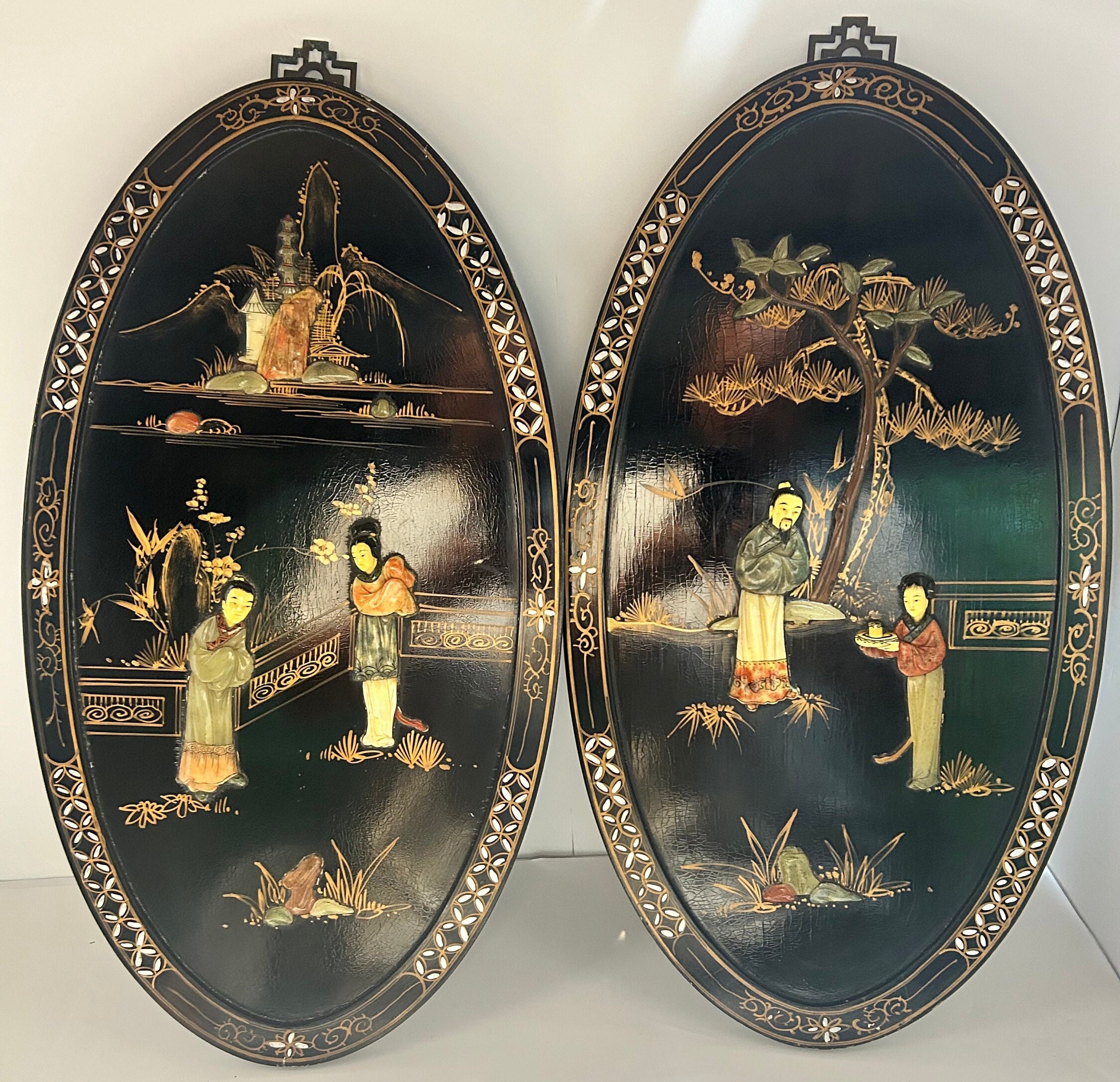 Set of 2 Asian Figural Black Lacquer Plaques - Etsy Set of 2 Asian Figural Black Lacquer Plaques - Etsy