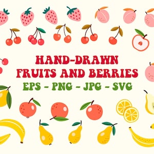 Clipart vettoriali di frutta. Cilpart vettoriale di bacche. Collezione di motivi vettoriali di frutta e bacche senza soluzione di continuità. Cartoline con clipart di frutta e bacche.