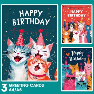 Birthday card with funny cartoon cats in birthday hats. Printable Happy Birthday Cards collection