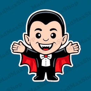 Cute vampire Dracula cartoon character print, sticker. Vector illustration clipart for Halloween