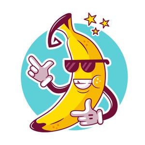 Banana cartoon character clipart. Vector illustration for print and sticker. Cool smiling banana mascot