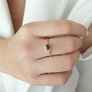 Genuine Sapphire and Diamond Ring, Solid Gold Ring with Blue Sapphire & Natural Diamond, Eye Sapphire Gold Ring, Gold Balls Sapphire Ring