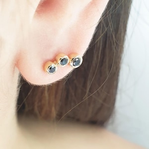 Puces d'oreilles en or massif avec 3 diamants noirs, Boucles d'oreilles en diamants noirs véritables, Puces d'oreilles pour femme, seuls ou en paire, Cadeaux d'oreilles en or, Puces d'anniversaire