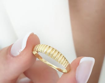 Handmade Solid Gold Ribbed Band Ring, Minimalist Stacking Jewelry