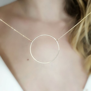 May include: A gold circle pendant necklace with a delicate chain.