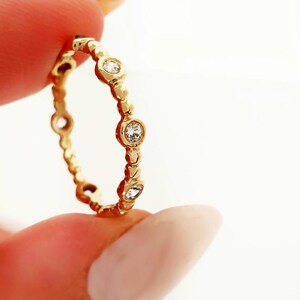 14K Gold Beaded Diamond Ring, Handmade Wedding Band