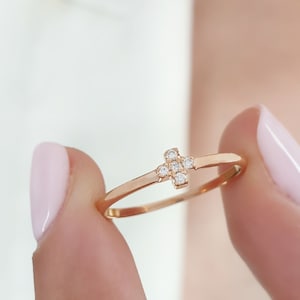 Solid Gold Cross Ring with Natural Diamonds, Minimalist Cross Ring, Symbolic Diamond Cross Ring, Meaningful Gold Gift,Religious Jewelry Gift