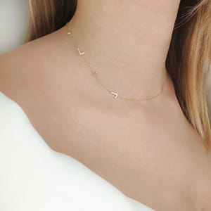 Può includere: Una collana a catena d'oro con un piccolo gioiello rosso e ciondoli a forma di lettera. Le lettere sono L e J.