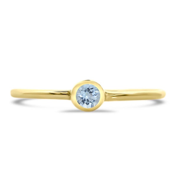 Natural bezel aquamarine solitaire gold ring, Bezel round aquamarine engagement ring, Aquamarine wedding gold ring, Dainty aquamarine ring